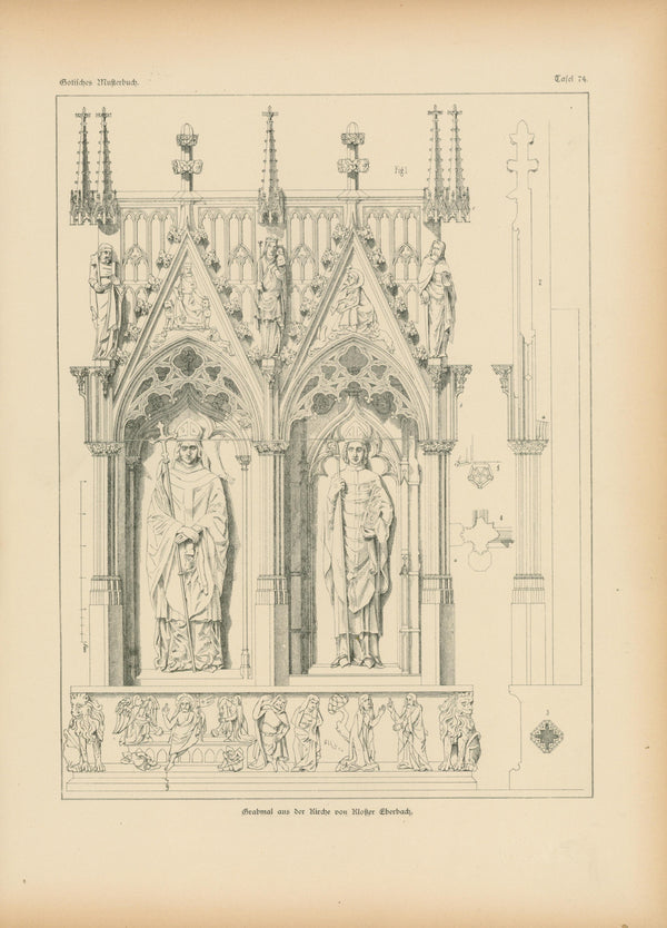 Abbey Tomb, Gothic Details & Architecture - Authentic Vintage Antique Print