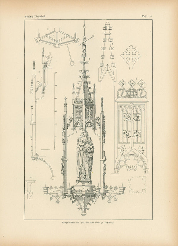 Madonna and Child, Gothic Details & Architecture - Authentic Vintage Antique Print