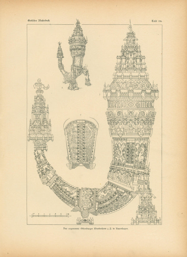 The Wonder Horn, Gothic Details & Architecture - Authentic Vintage Antique Print