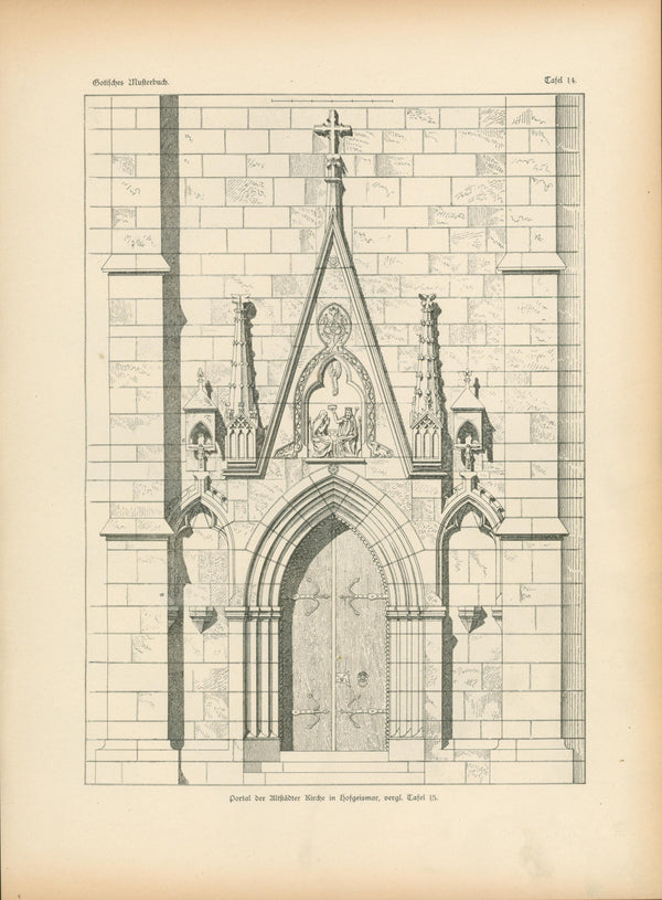 Church Portal, Gothic Details & Architecture - Authentic Vintage Antique Print