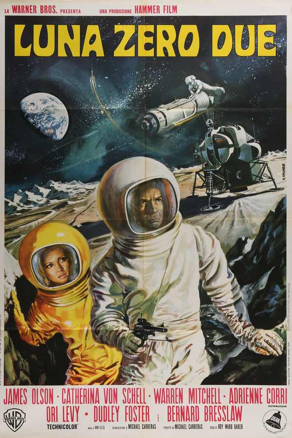A vintage 1970 Italian theatrical poster for Moon Zero Two, Italian Release, shows two astronauts in spacesuits on the Moon with lunar vehicles, a starry sky, and an Earthlike planet in the background. The title and cast appear in bold text.