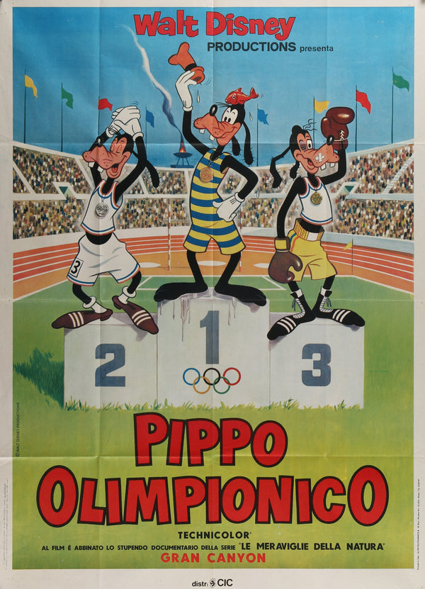 The 1971 Italian poster for Superstar Goofy, Italian Release shows Goofy as an Olympian in athletic gear winning first place on a podium, with two other Goofys and Olympic rings above a cheering stadium crowd.