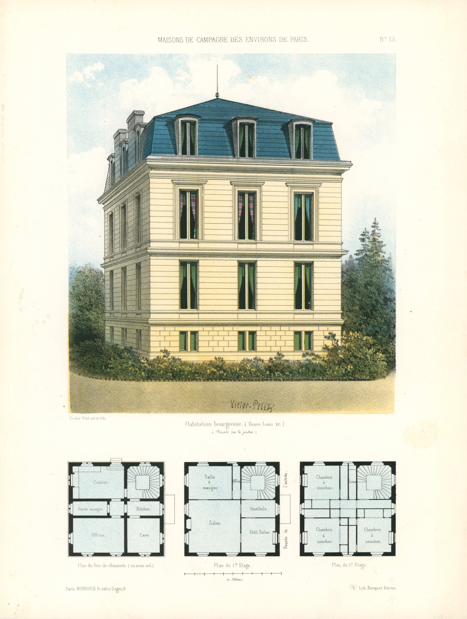 Maisons de Campagne- French Architectural Plan, NO.13 - Authentic Vintage Antique Print