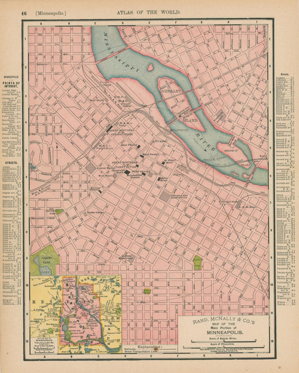 Minneapolis, City Plan- Atlas of the World - Authentic Vintage Map