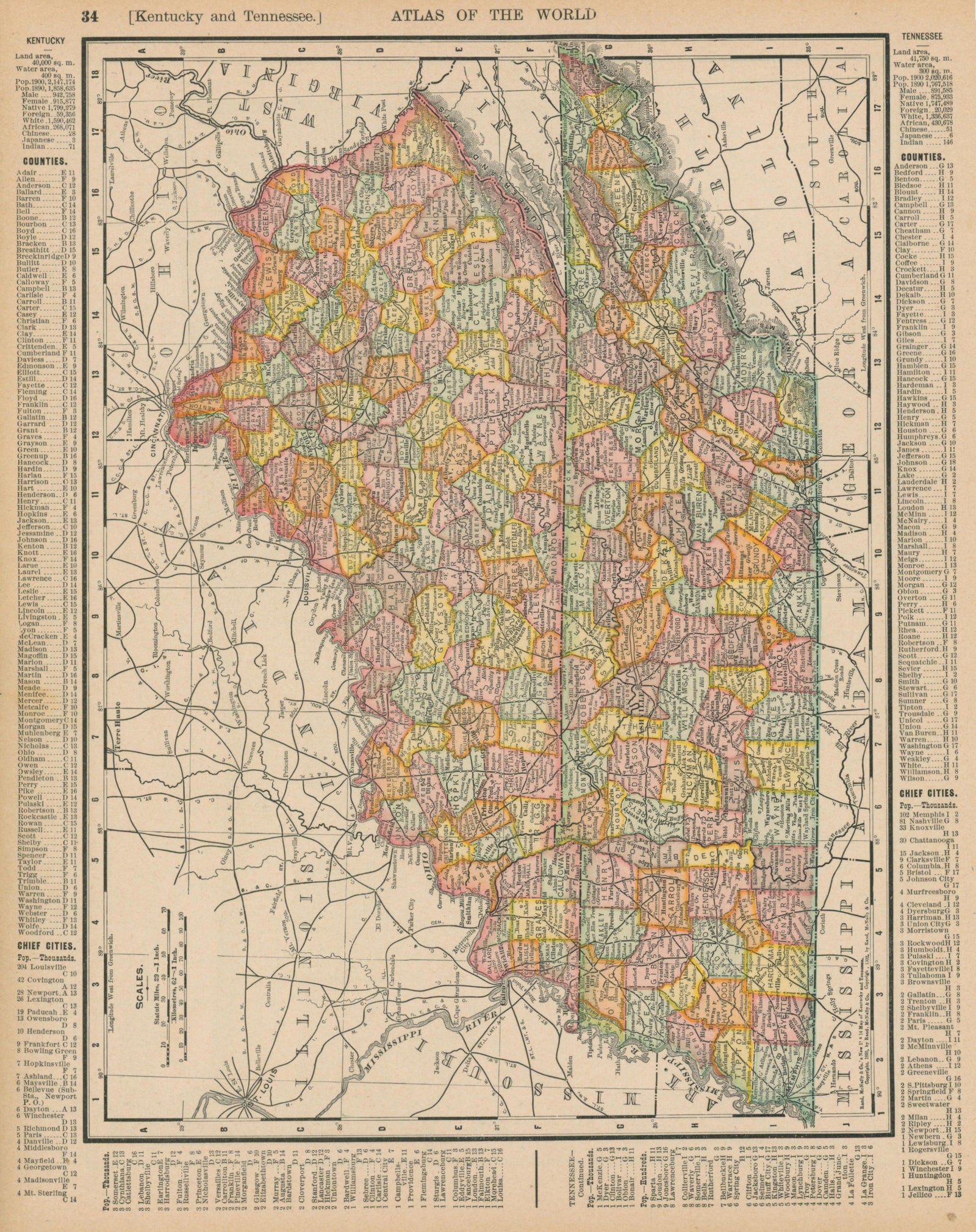 Kentucky, Tennessee- Atlas of the World - Authentic Vintage Map