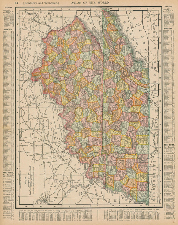 Kentucky, Tennessee- Atlas of the World - Authentic Vintage Map