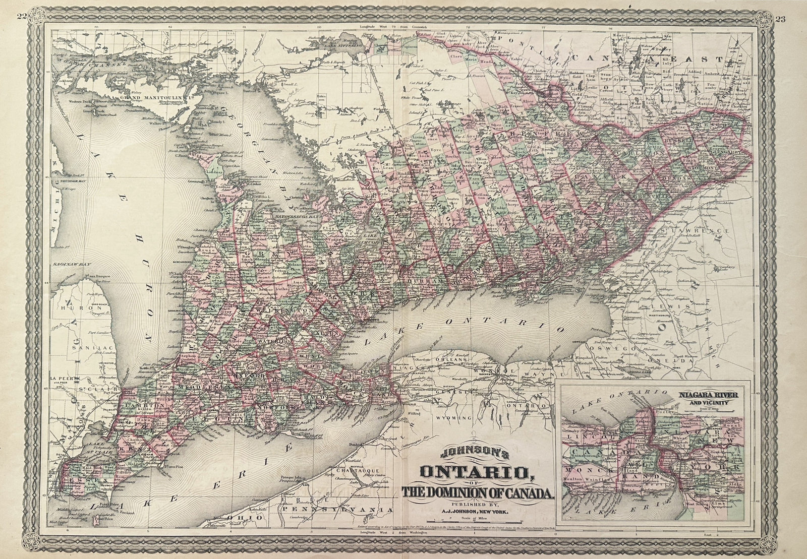 Ontario, Dominion of Canada- Johnson's Atlas - Authentic Vintage Map