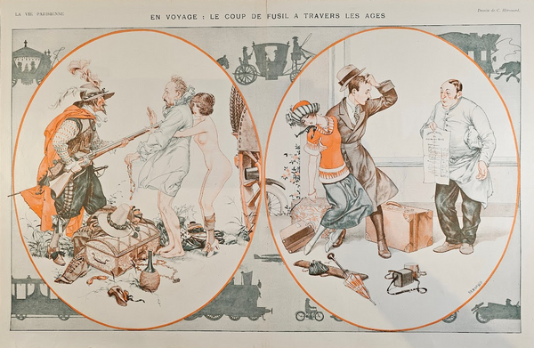 Off to Travel- La Vie Parisienne, Centerfold - Authentic Vintage Illustration