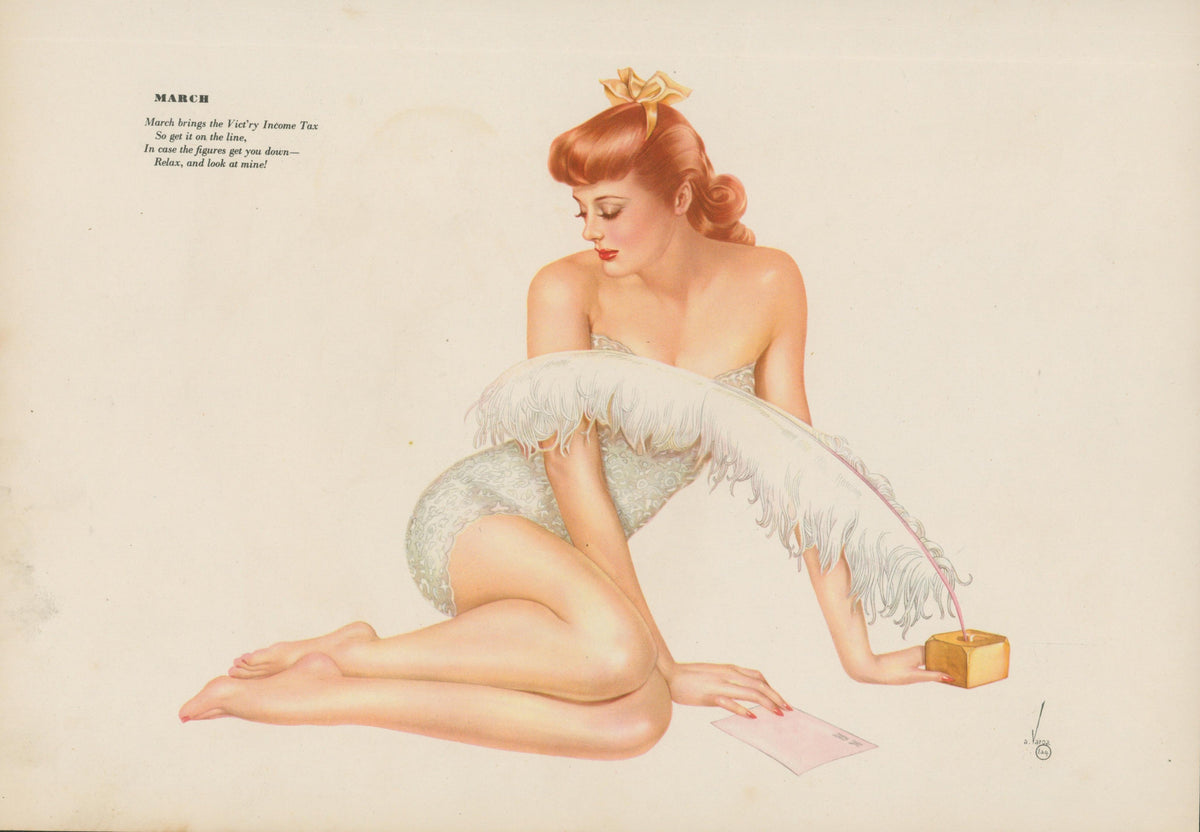 Esquire Pin Up Calendar, March - Authentic Vintage Illustration