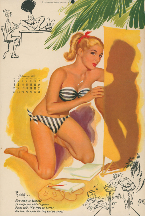 Pin Up Calendar, February - Authentic Vintage Illustration