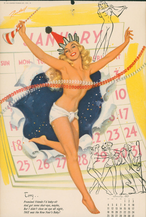 Pin Up Calendar, January - Authentic Vintage Illustration