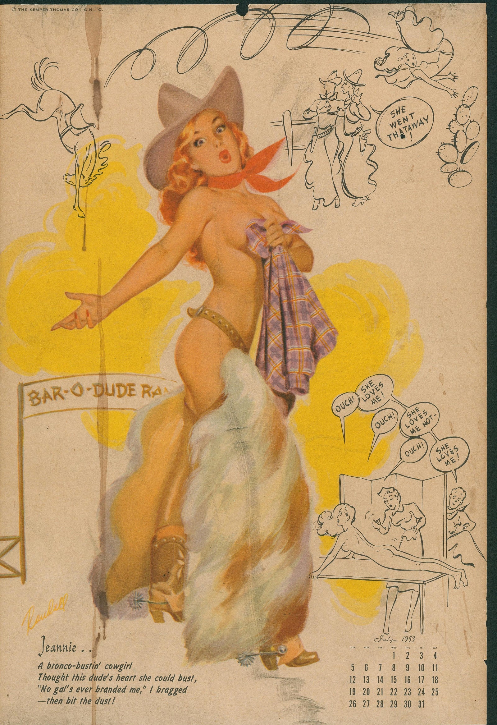 Pin Up Calendar, July - Authentic Vintage Illustration