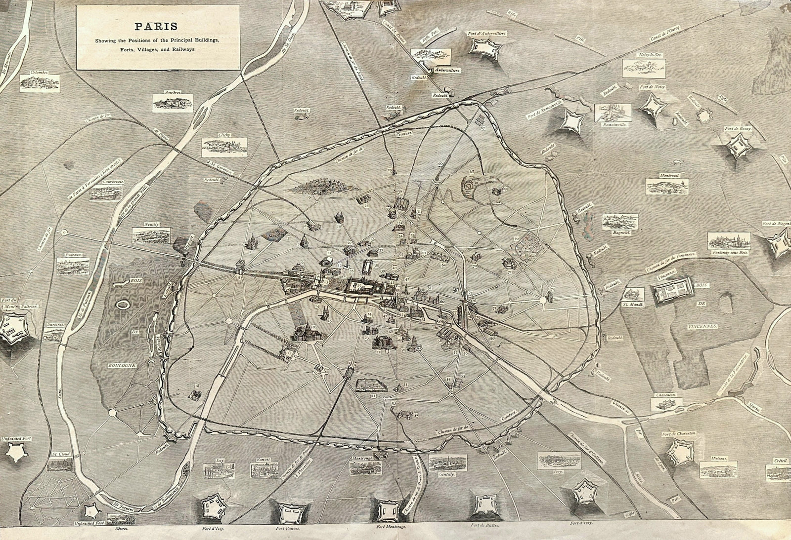 Principal Buildings in Paris - Original Vintage Map