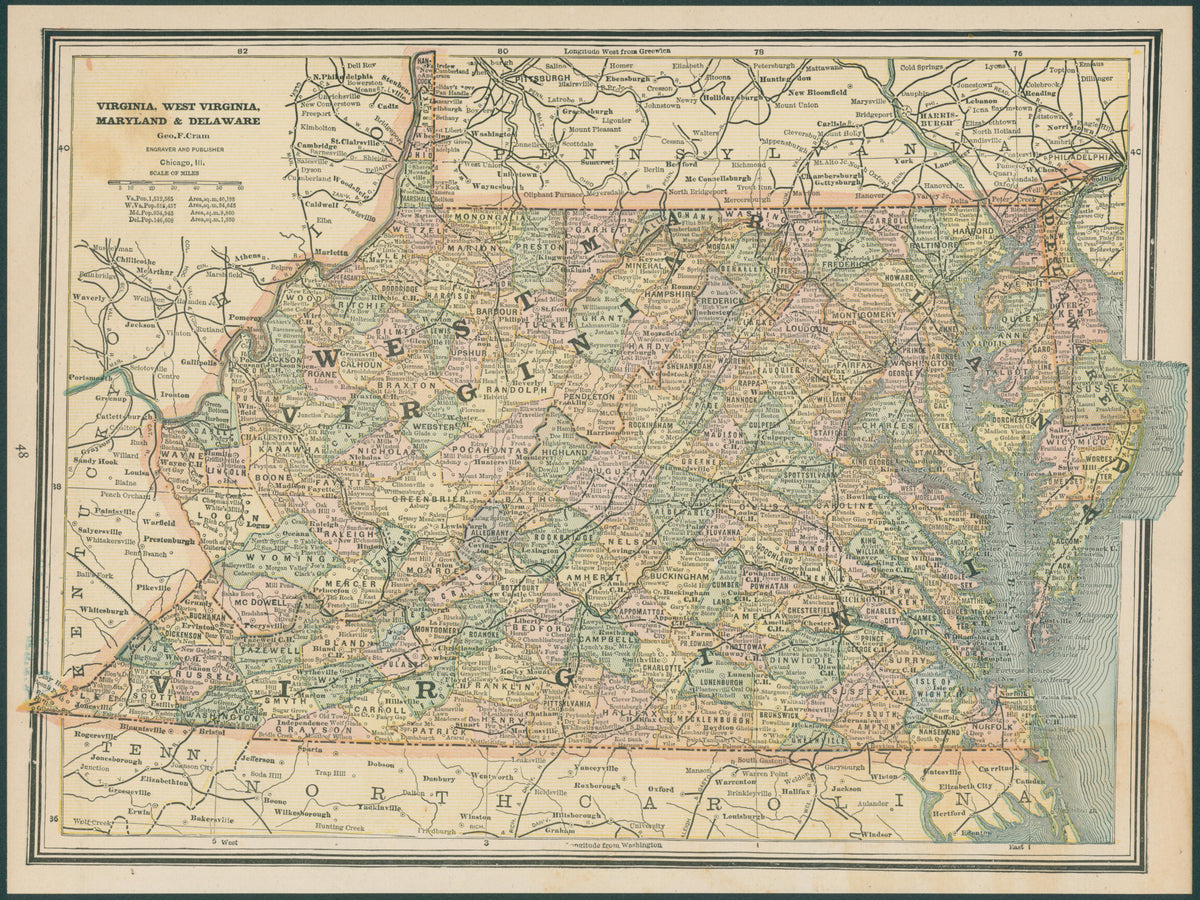 Virginia, West Virginia, and Maryland, Cram's Atlas - Original Vintage Map
