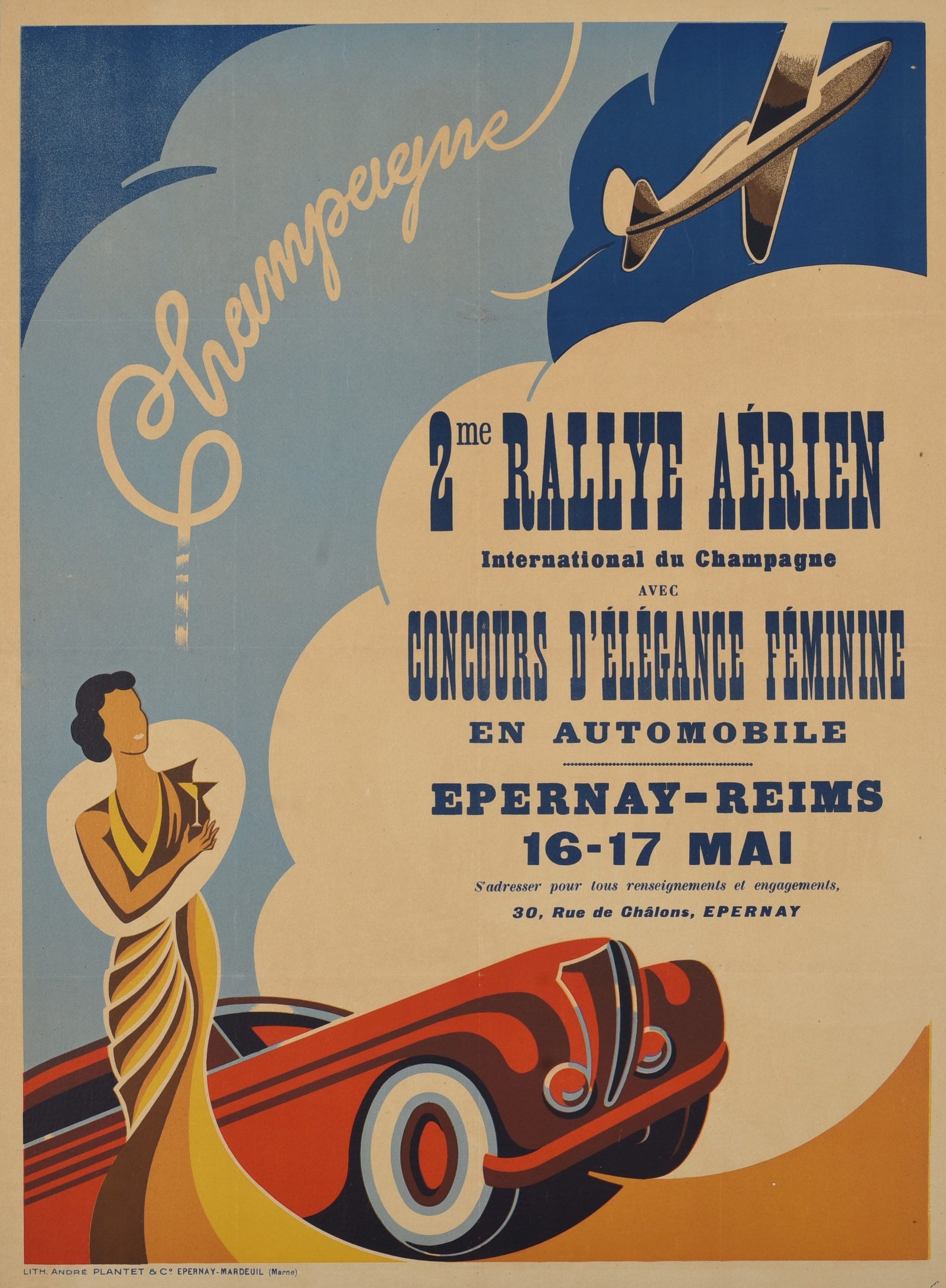 Champagne 2me Rallye Aerien International - Authentic Vintage Poster