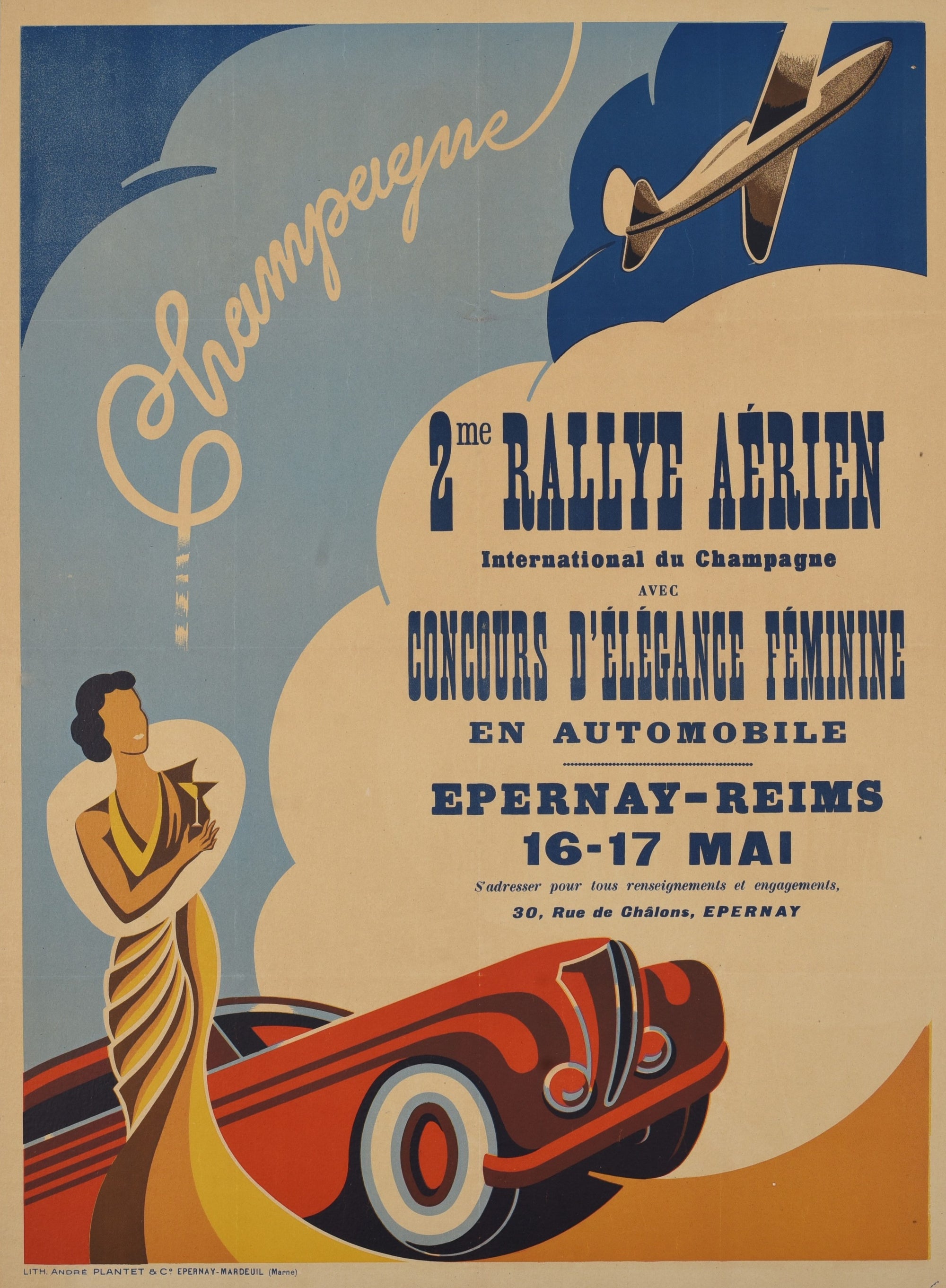 Champagne 2me Rallye Aerien International - Authentic Vintage Poster