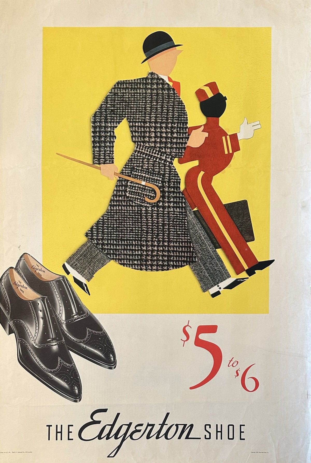 A 1935 Art Deco American ad shows a man in a houndstooth coat and bowler hat walking past a bellhop, with The Edgerton Shoe black dress shoes in front and text reading $5 to $6.
