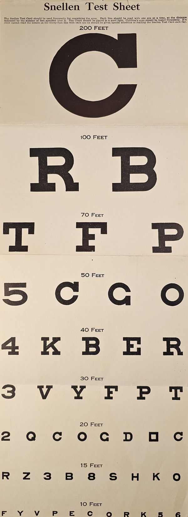 Eye Chart, Snellen Test Sheet - Authentic Vintage