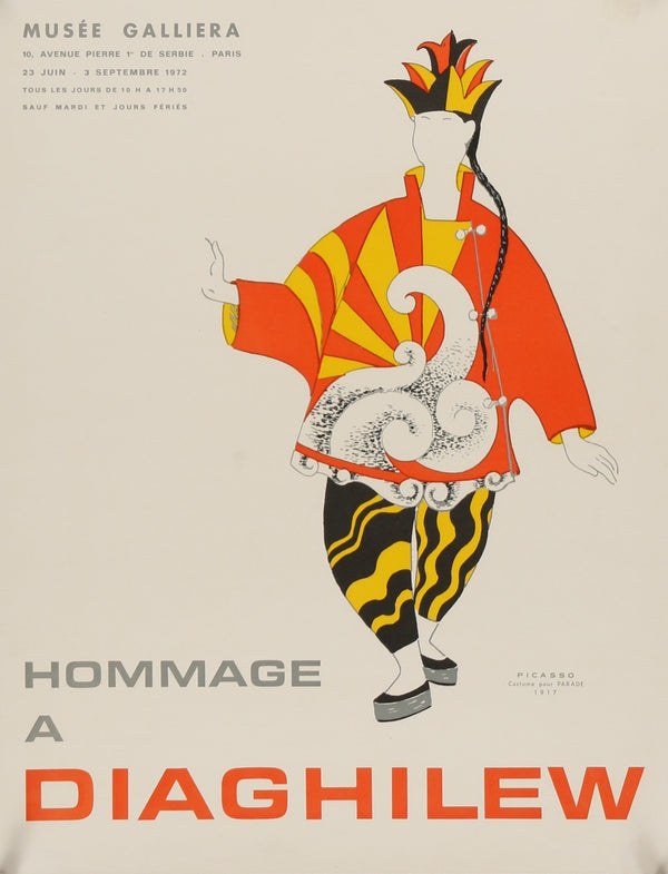 Poster featuring a lively abstract figure in red, yellow, black, and white. Text: "Hommage a Diaghilew" highlights Ballets Russes at Musée Galliera, Paris.