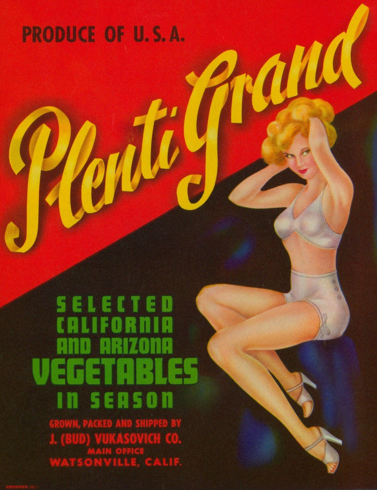 Plenti Grand Vegetables- Crate Label - Authentic Vintage Antique Print