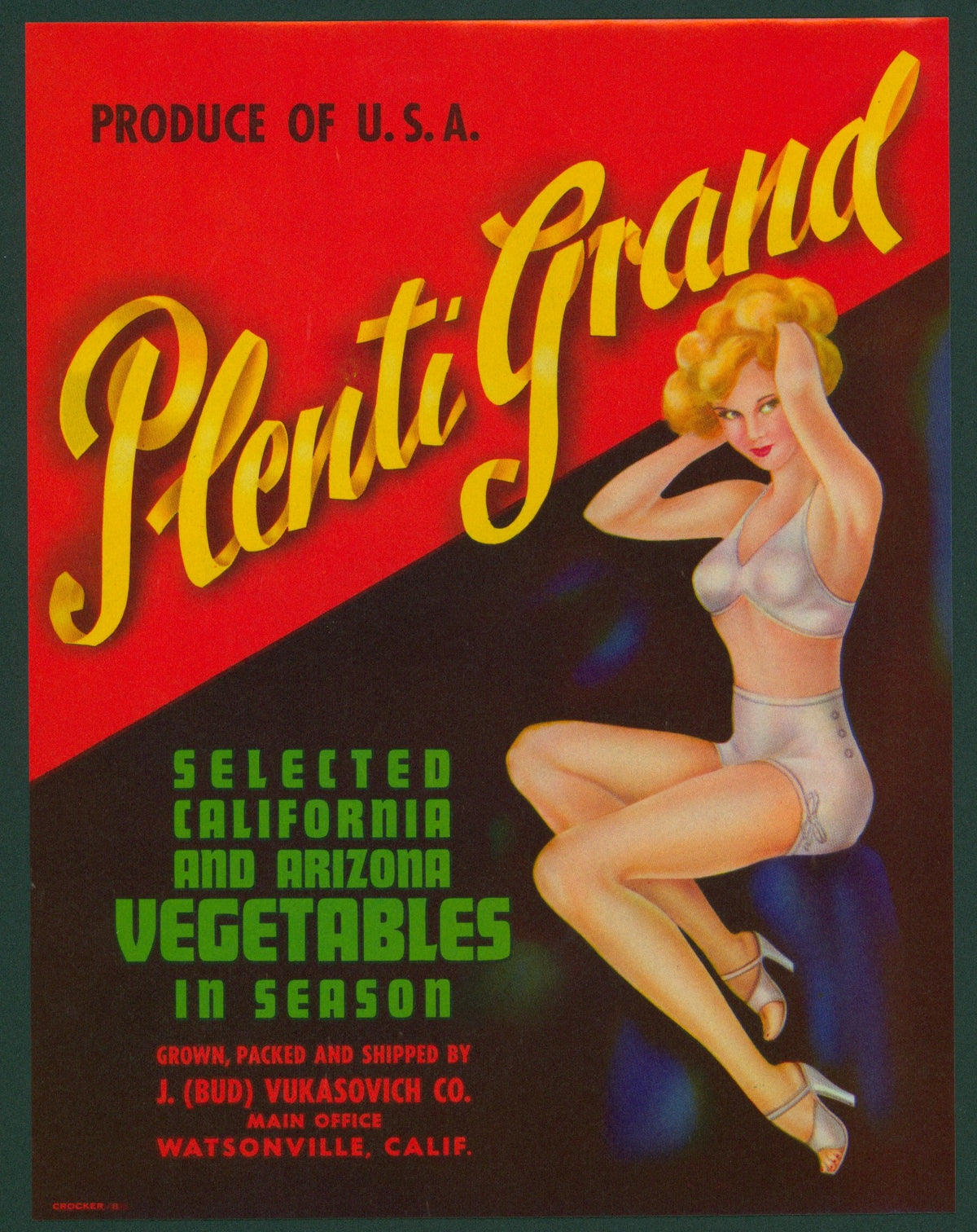 Plenti Grand Vegetables- Crate Label - Authentic Vintage Antique Print