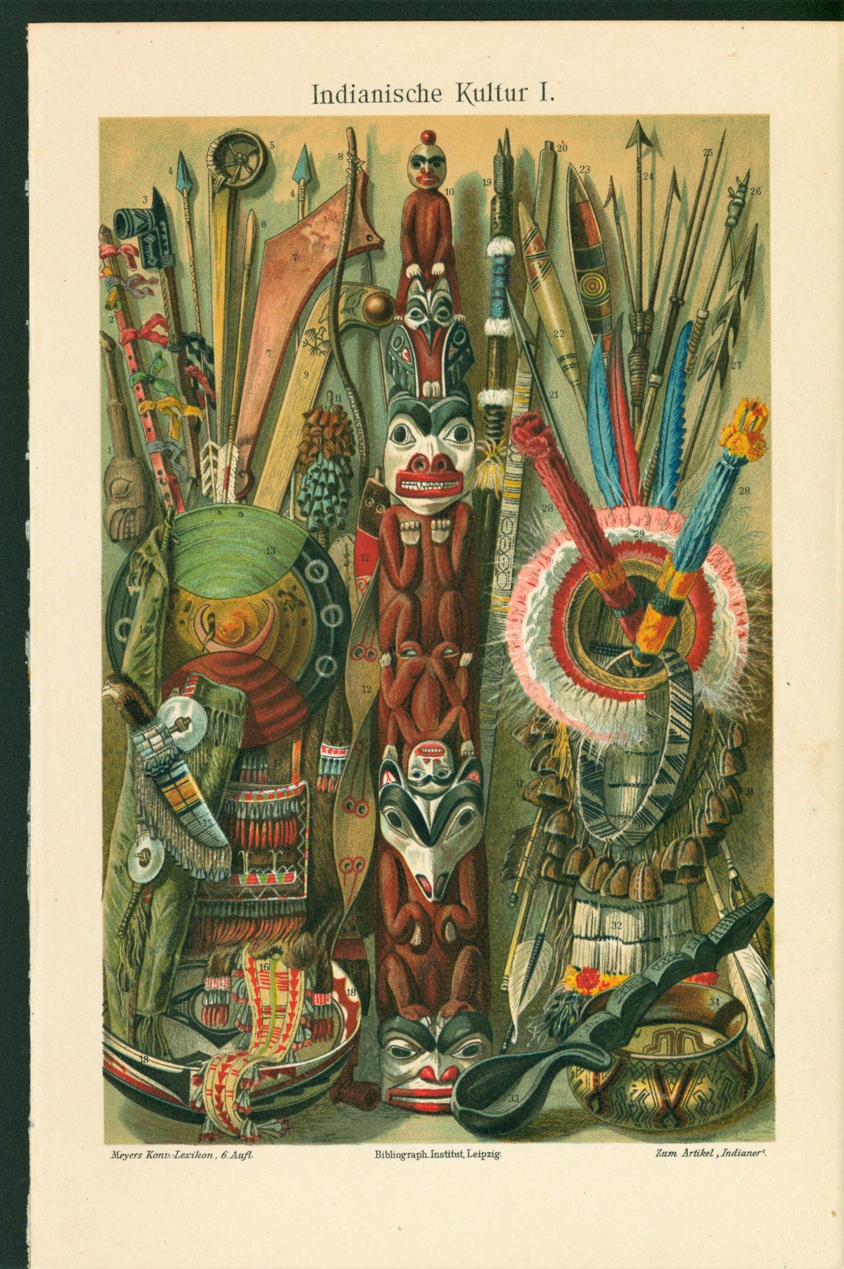 Native American Weapons- Antique Chromolithograph - Authentic Vintage Antique Print