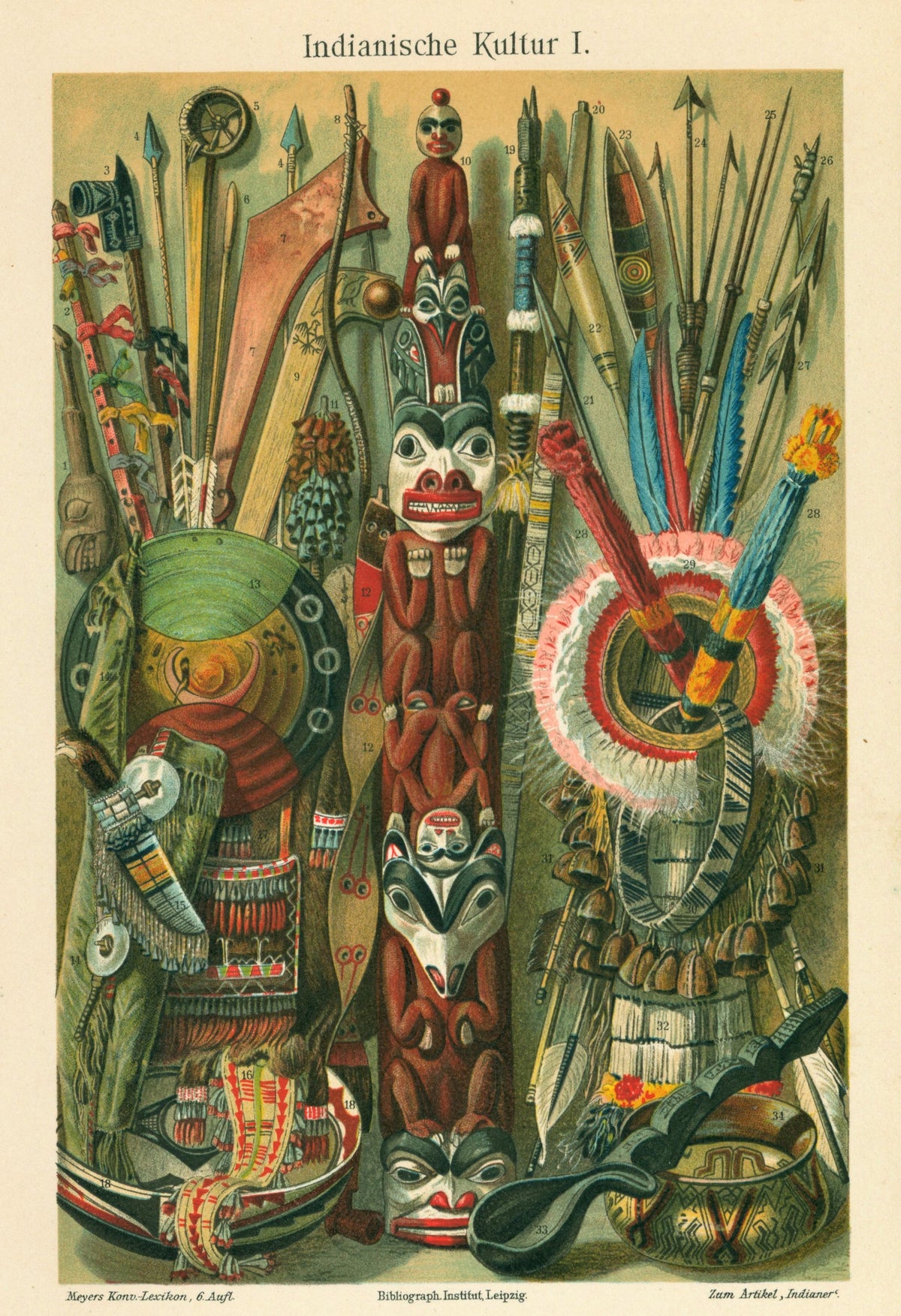 Native American Weapons- Antique Chromolithograph - Authentic Vintage Antique Print