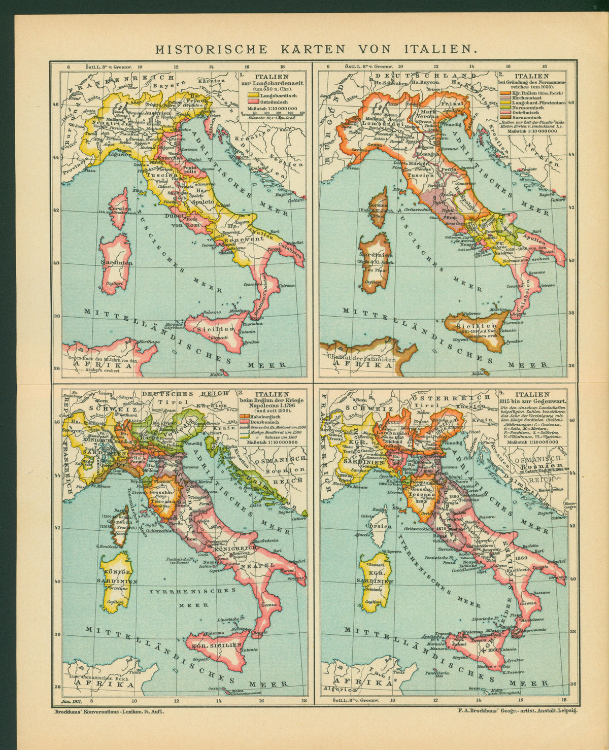 Italy- Antique Map (1911) - Authentic Vintage Antique Print