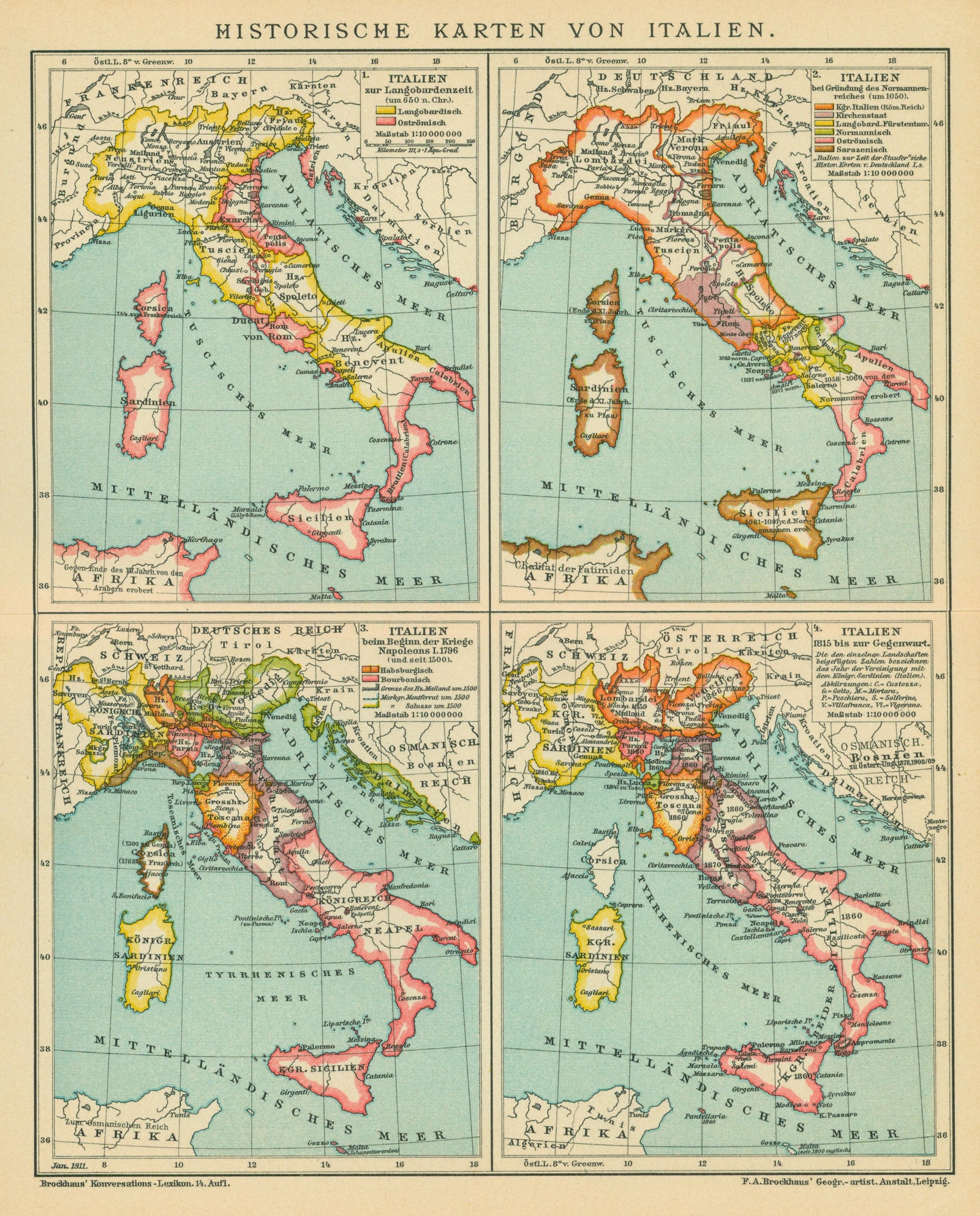 Italy- Antique Map (1911) - Authentic Vintage Antique Print