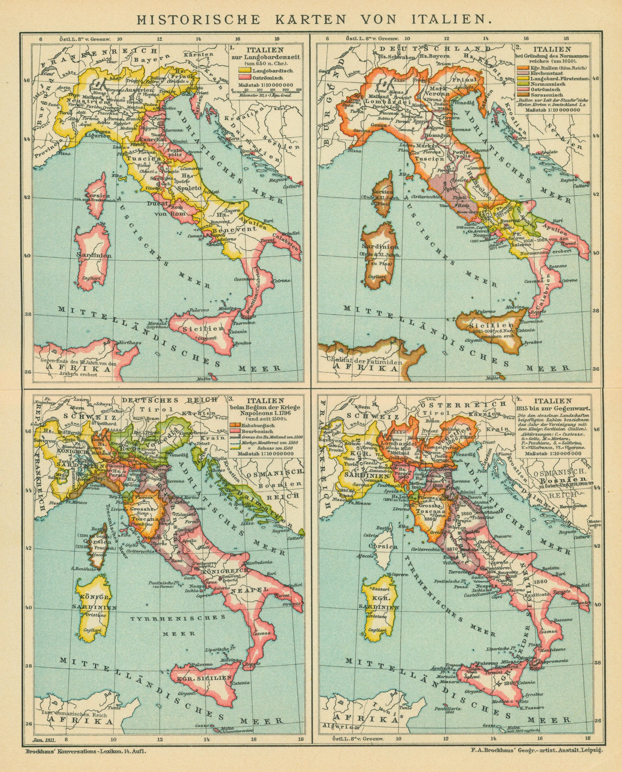 Italy- Antique Map (1911) - Authentic Vintage Antique Print