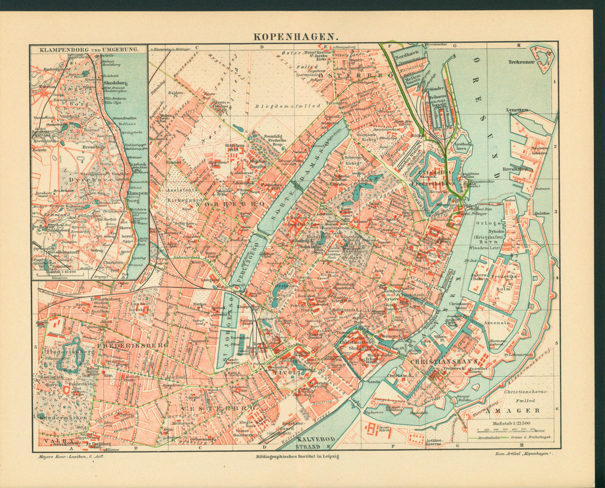 Copenhagen, Denmark- Antique Map - Authentic Vintage Antique Print