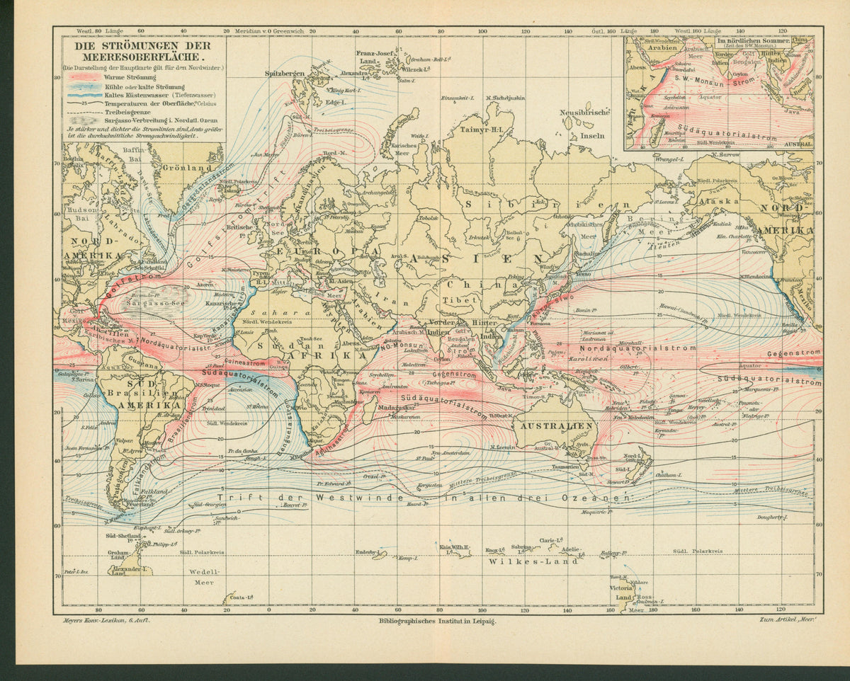 World, Ocean, Marine Currents- Antique Map (1895) - Authentic Vintage Antique Print