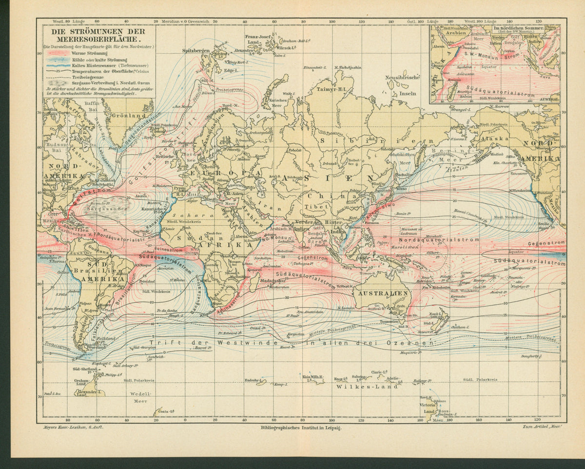 World, Ocean, Marine Currents- Antique Map (1895) - Authentic Vintage Antique Print