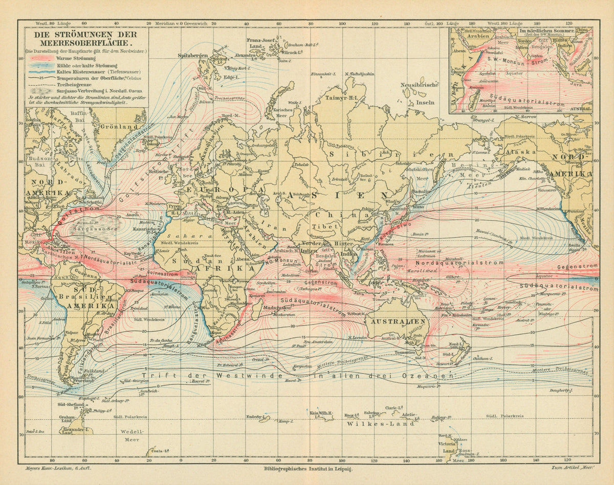 World, Ocean, Marine Currents- Antique Map (1895) - Authentic Vintage Antique Print