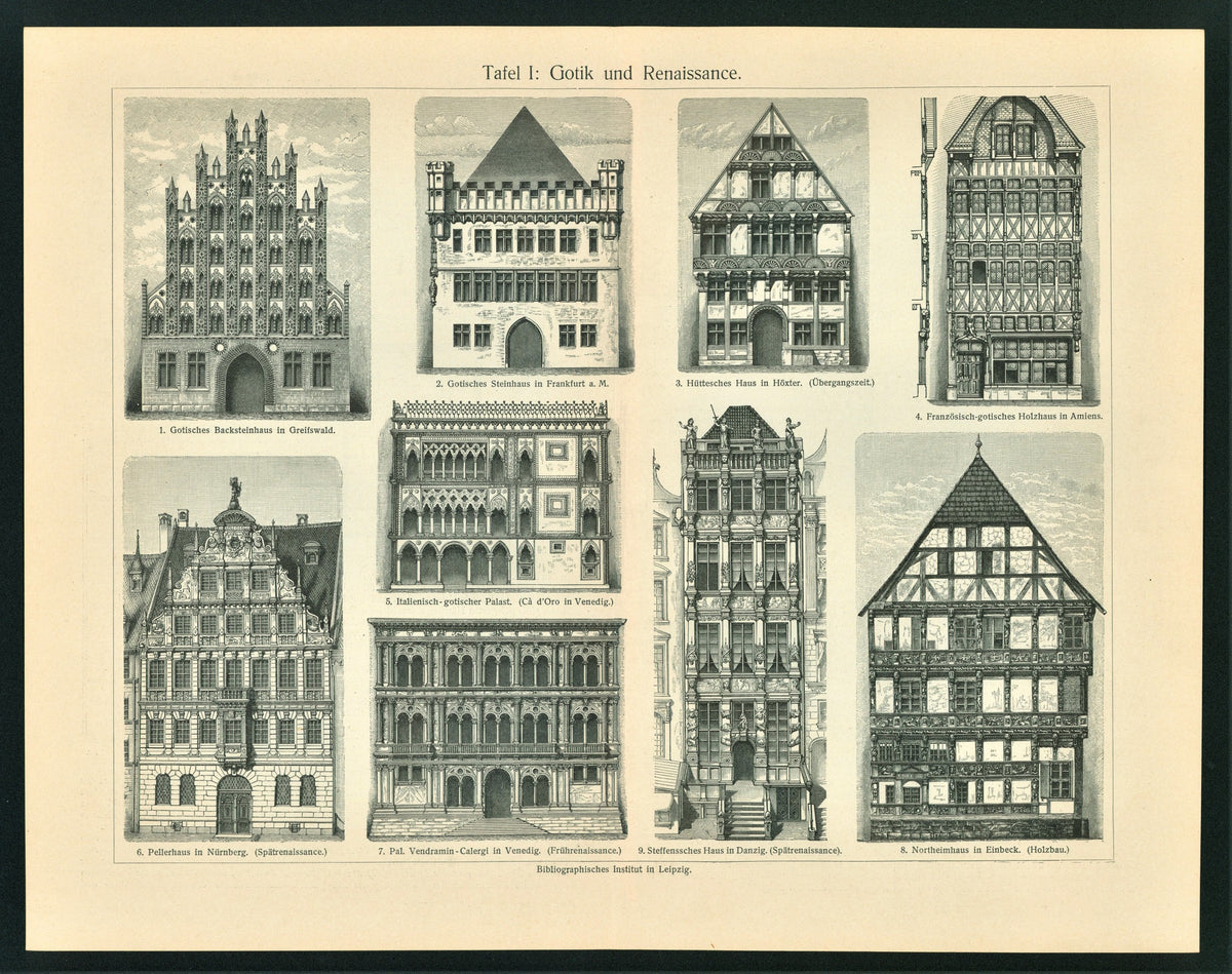 1895 BUILDINGS ARCHITECTURE GOTHIC &amp; RENAISSANCE STYLES Antique Engraving Print - Authentic Vintage Antique Print