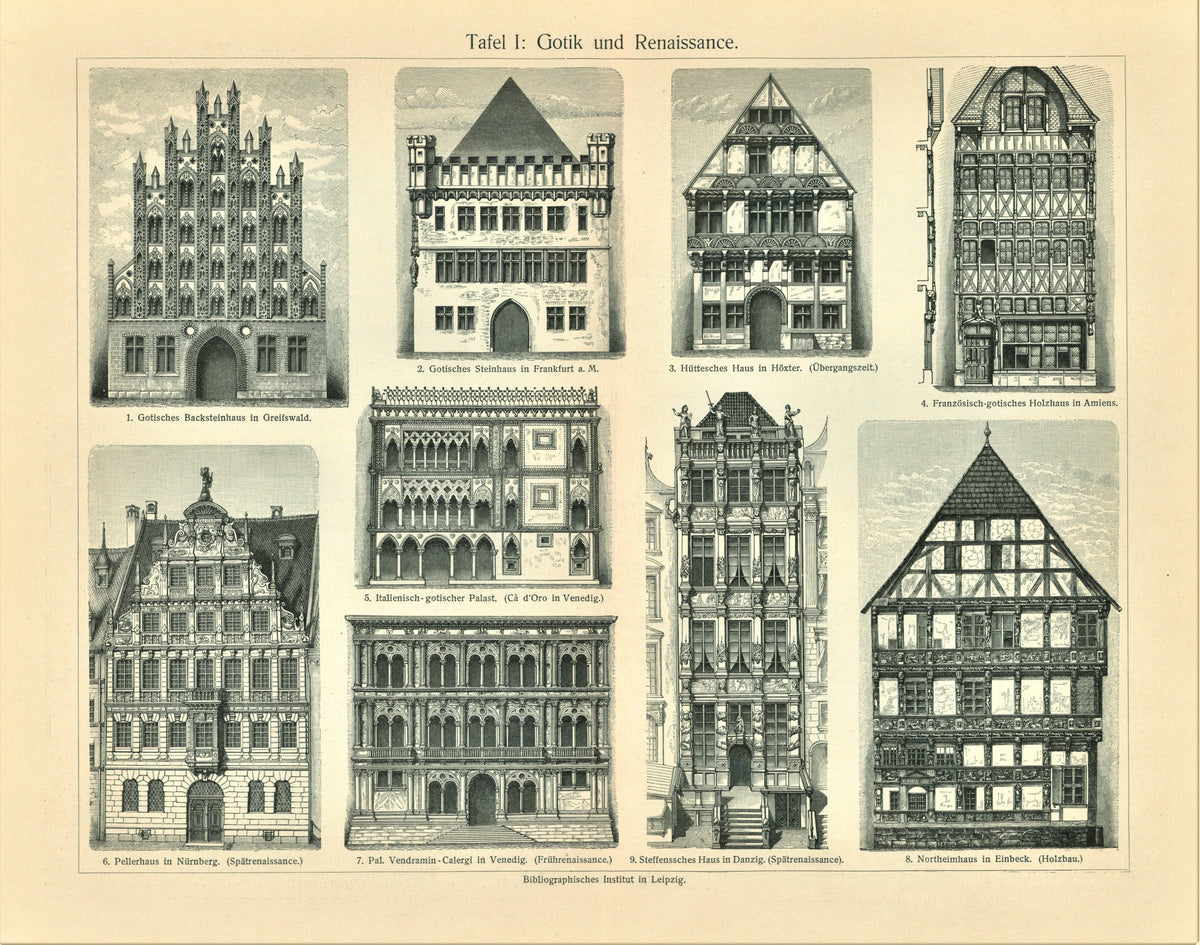 1895 BUILDINGS ARCHITECTURE GOTHIC &amp; RENAISSANCE STYLES Antique Engraving Print - Authentic Vintage Antique Print