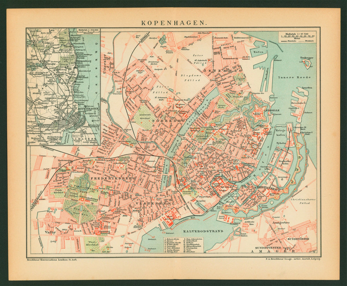 Copenhagen, Denmark- Antique Map (1895) - Authentic Vintage Antique Print