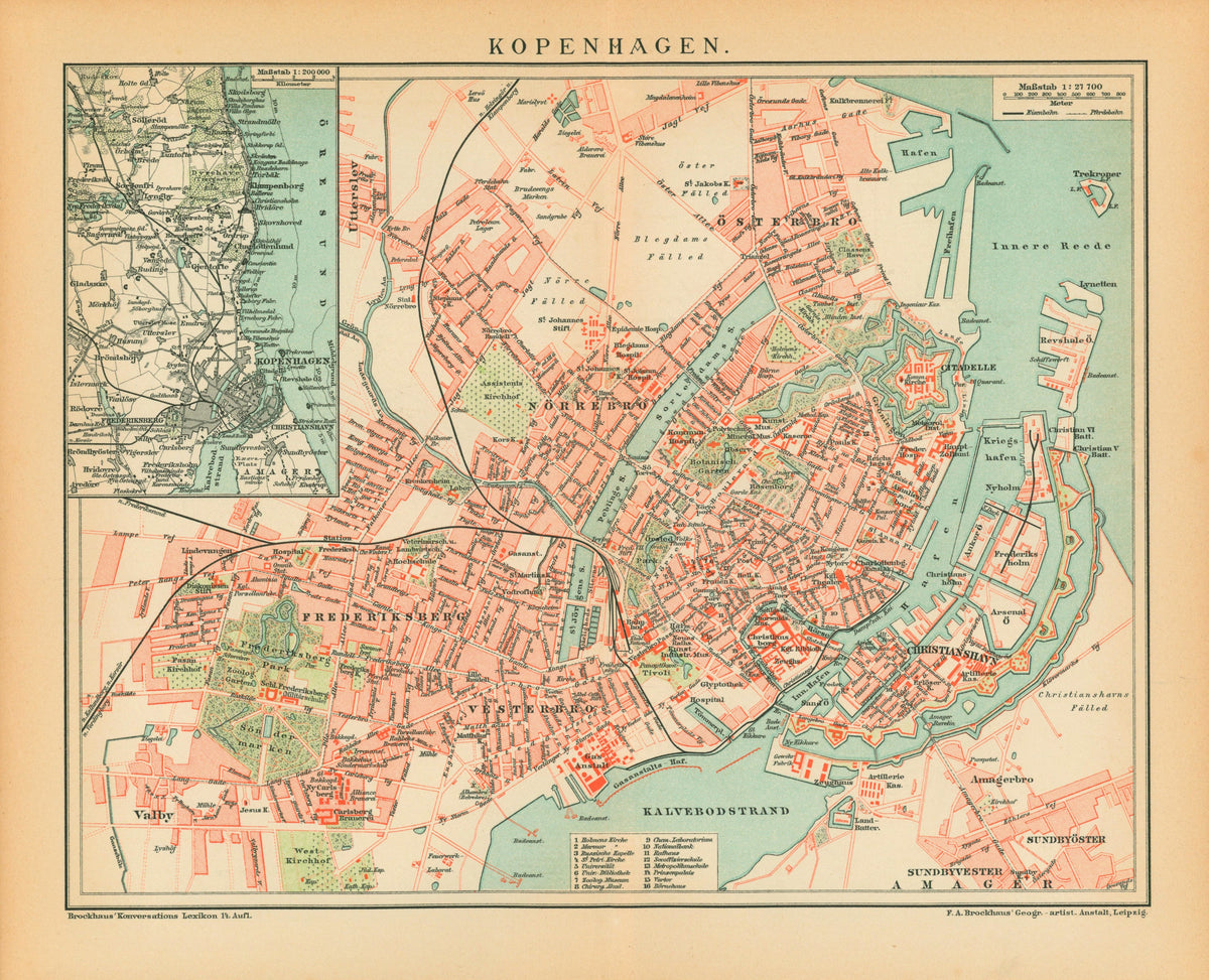 Copenhagen, Denmark- Antique Map (1895) - Authentic Vintage Antique Print