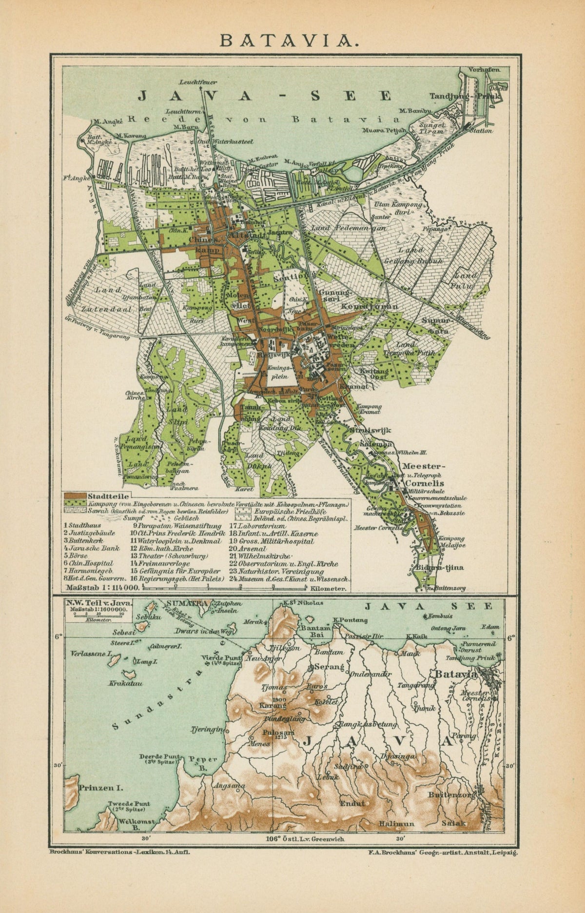 1895 BATAVIA JAKARTA CITY and SUBURBS INDONESIA Antique Map - Authentic Vintage Antique Print