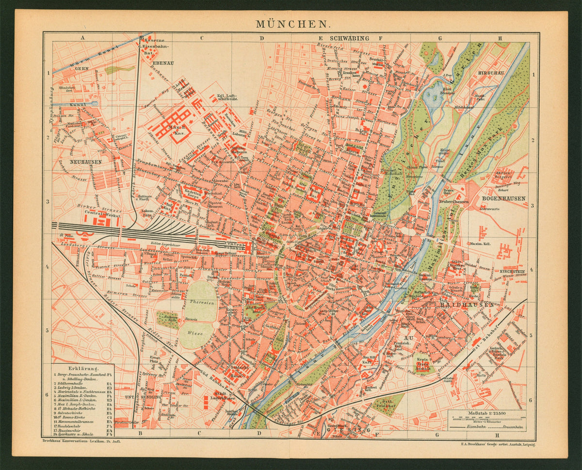 1895 GERMANY MUNICH CITY PLAN Antique Map - Authentic Vintage Antique Print