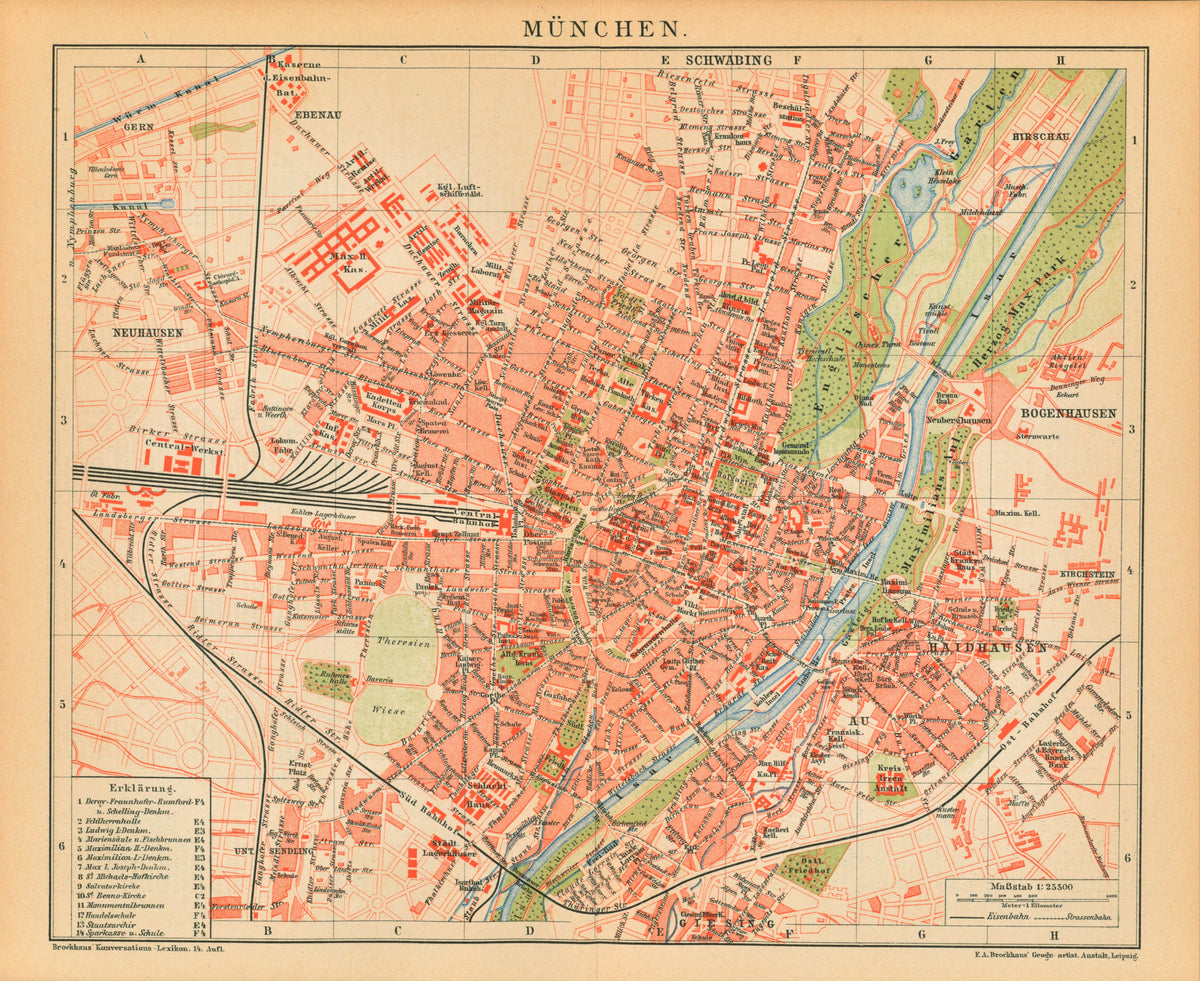 1895 GERMANY MUNICH CITY PLAN Antique Map - Authentic Vintage Antique Print