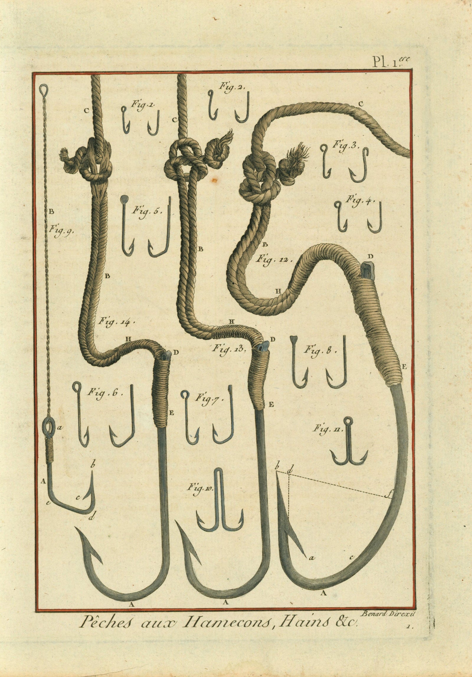 Sea Fishing Hooks, Tackles- Copper Engraving - Authentic Vintage Antique Print
