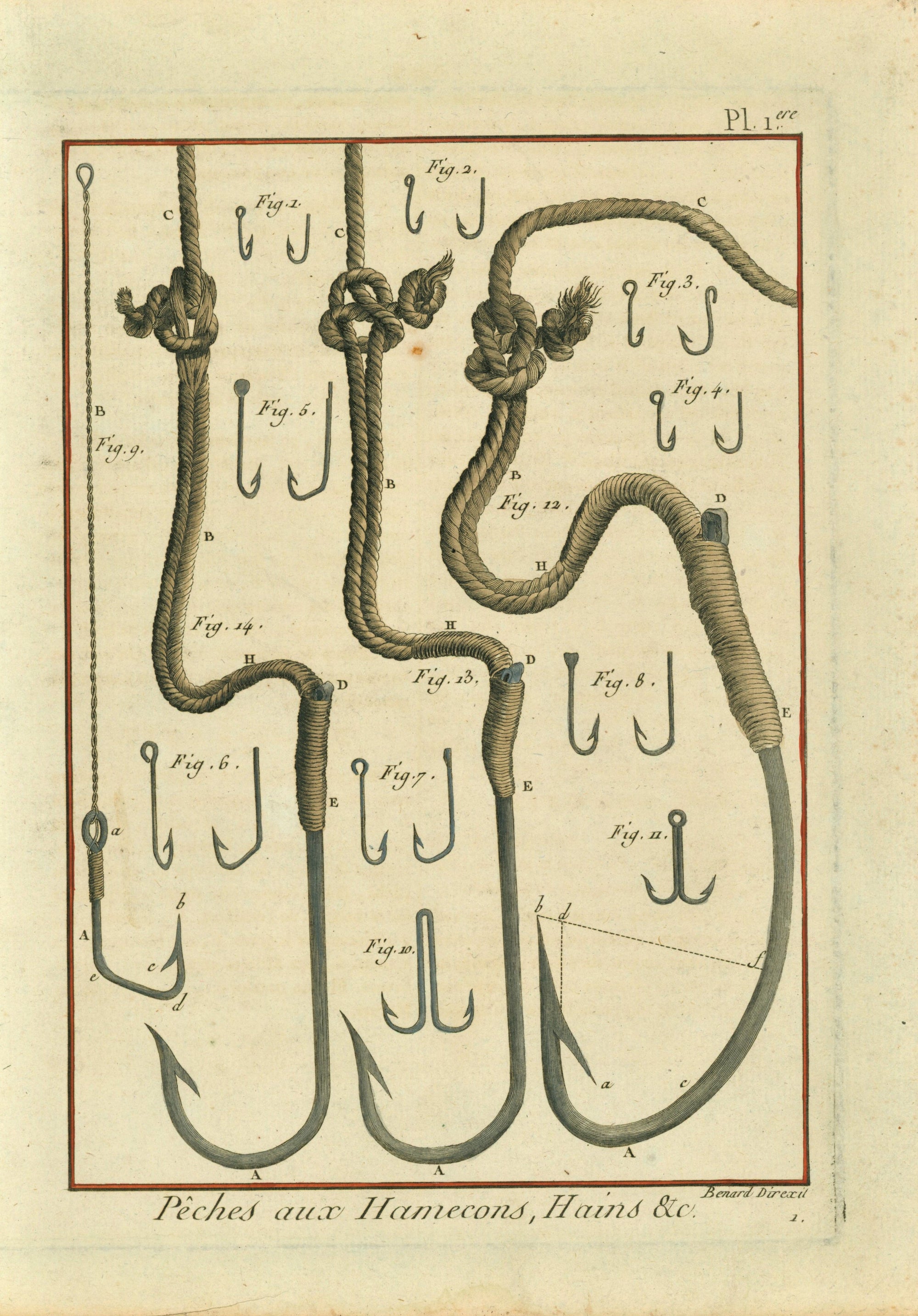 Sea Fishing Hooks, Tackles- Copper Engraving - Authentic Vintage Antique Print