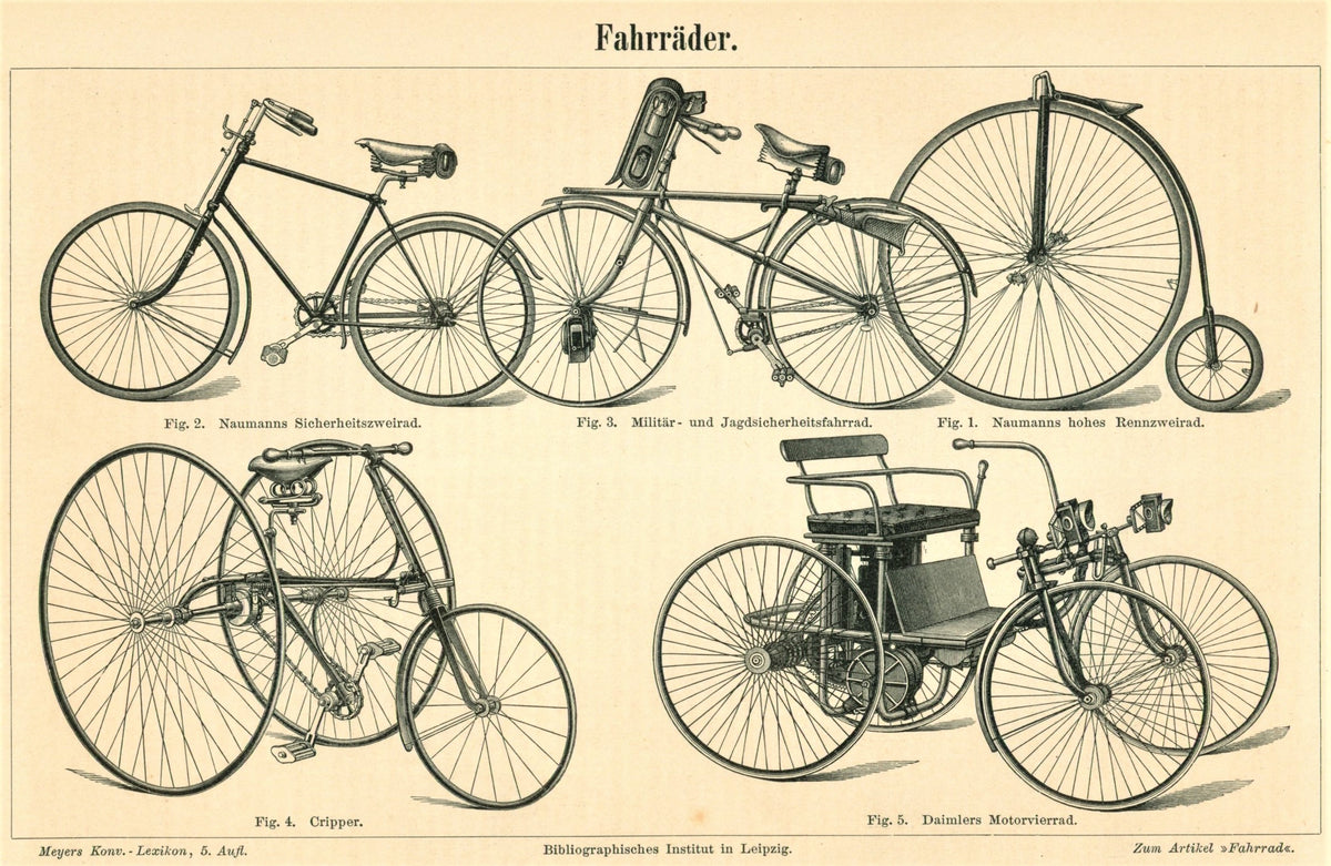 Bicycles and Daimler Motor Vehicle Antique Engraving - Authentic Vintage Antique Print