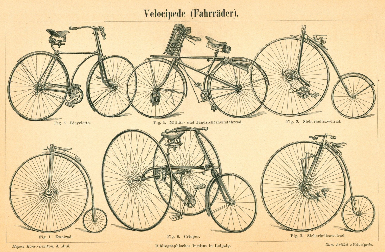 Vintage Bicycles, Antique Engraving - Authentic Vintage Antique Print