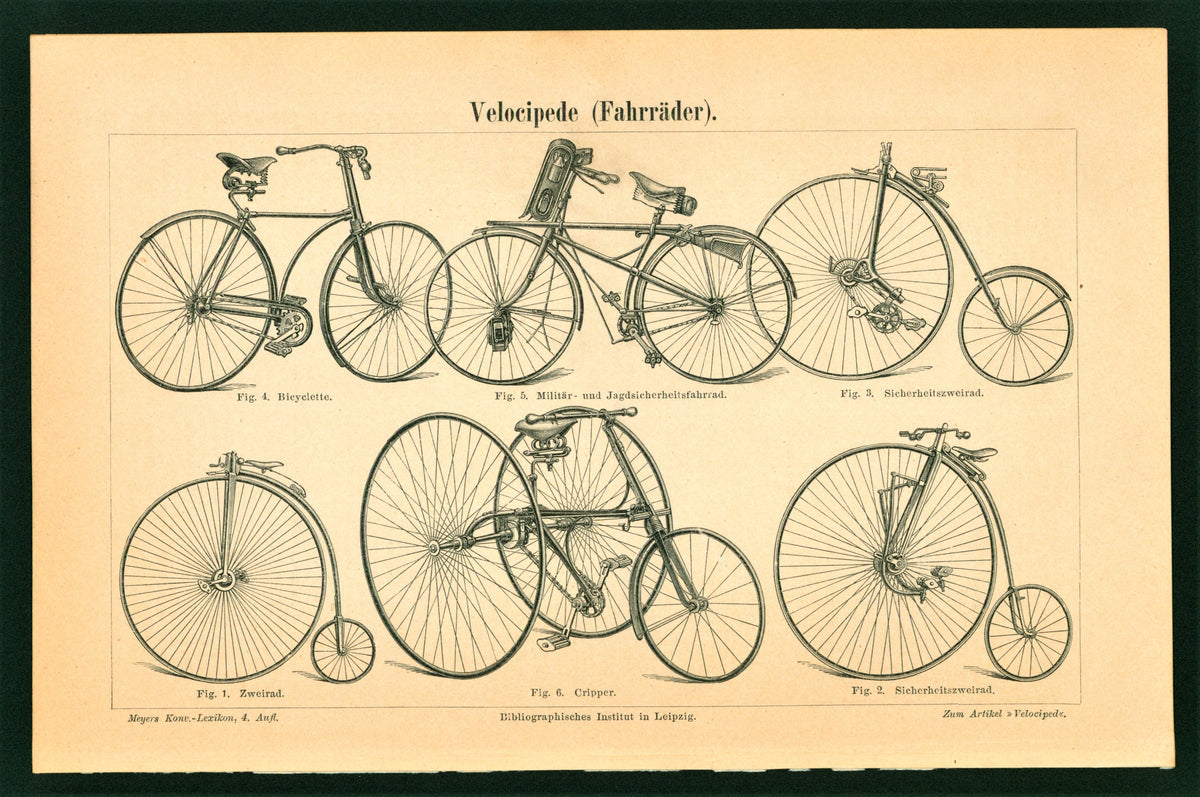 Vintage Bicycles, Antique Engraving - Authentic Vintage Antique Print