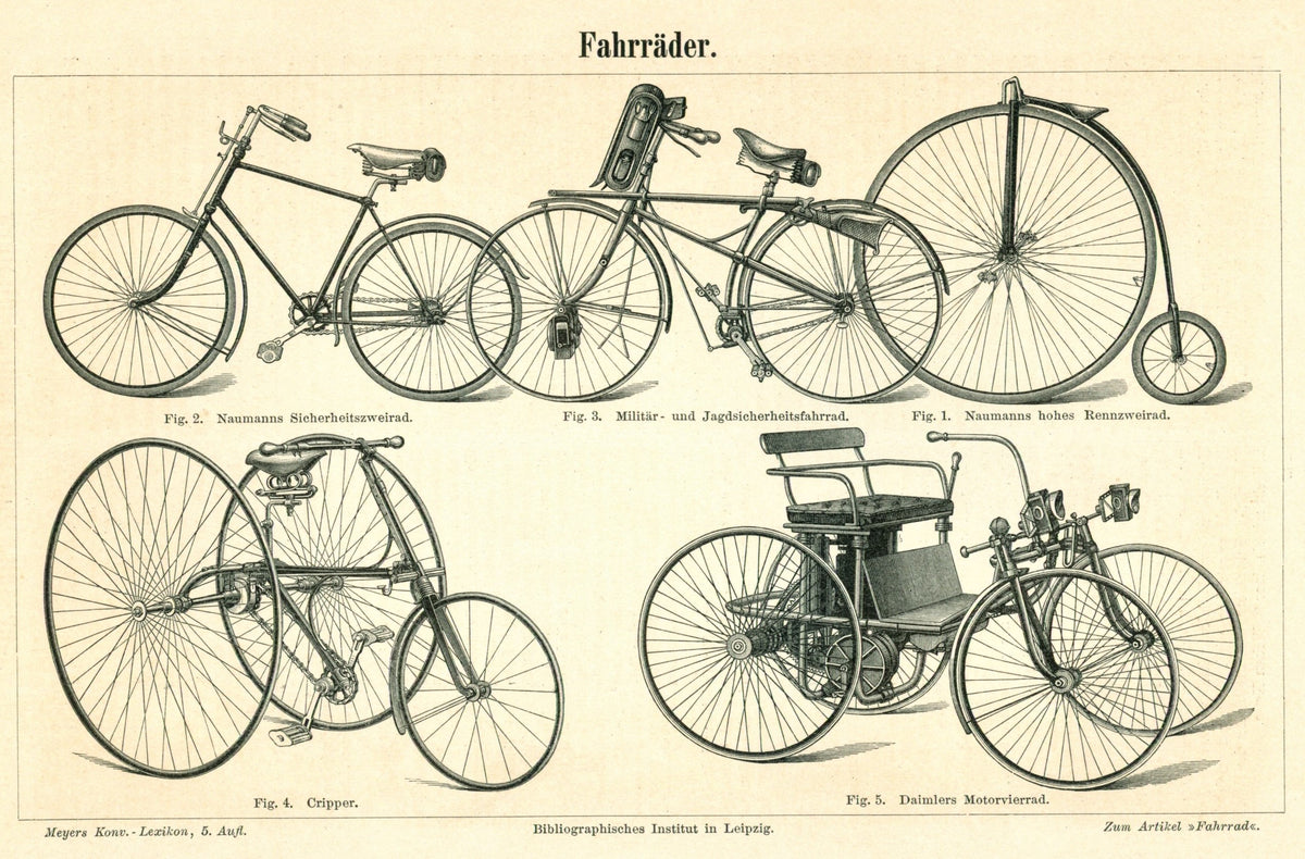 Old Bicycles, Daimler Motor Vehicle, Antique Engraving - Authentic Vintage Antique Print