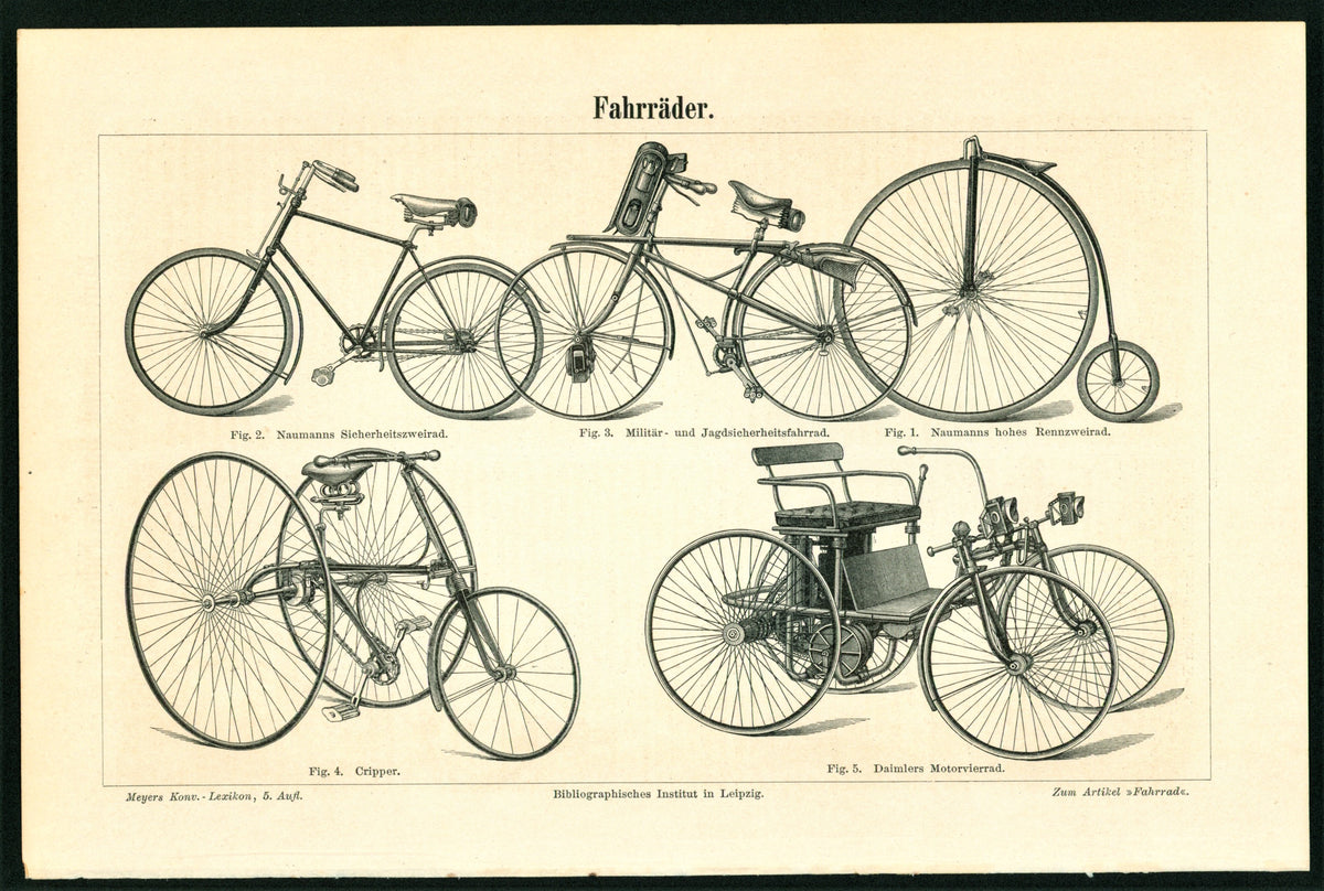 Old Bicycles, Daimler Motor Vehicle, Antique Engraving - Authentic Vintage Antique Print