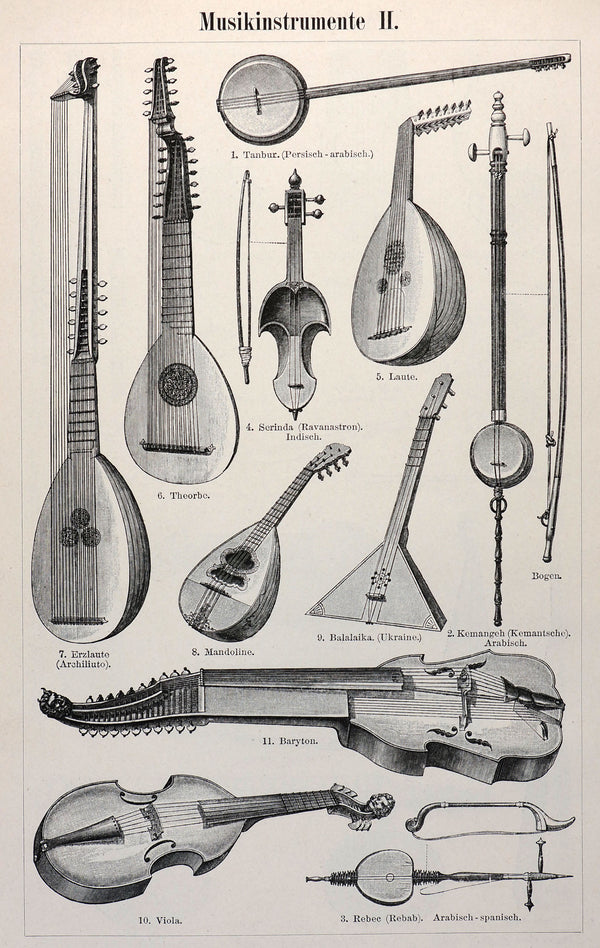 Musical Instruments Antique Engraving - Authentic Vintage Antique Print