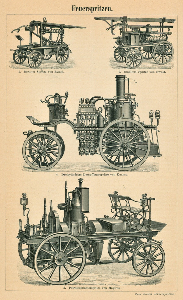 Fire Engines- Antique Engraving - Authentic Vintage Antique Print